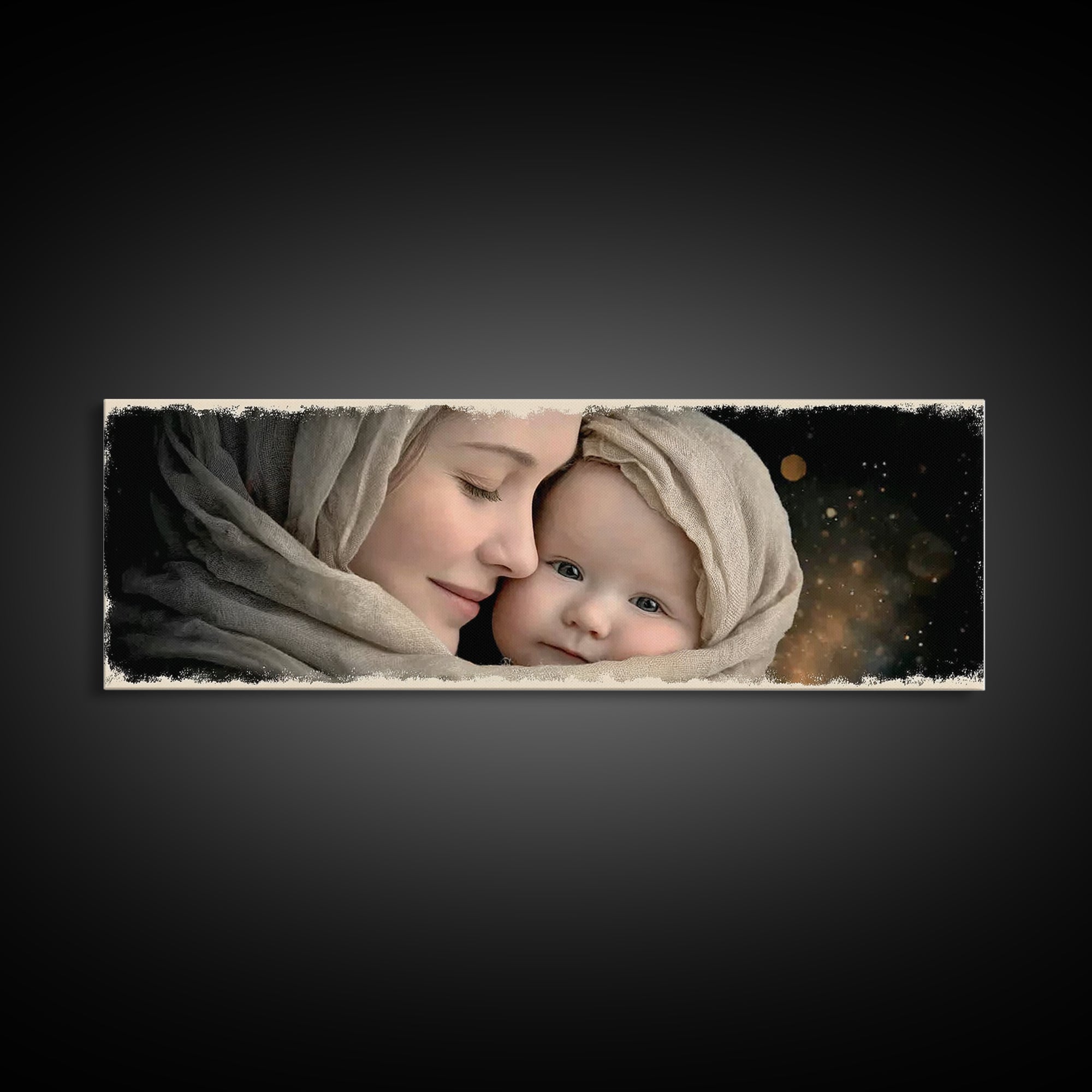 Timeless Sacred Gaze | Framed Canvas Print | Panoramic Painting | Mary And Jesus Painting | Christian Art Canvas | Christian Christmas Art