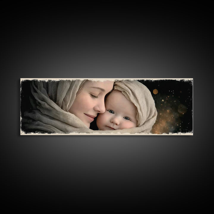 Timeless Sacred Gaze | Framed Canvas Print | Panoramic Painting | Mary And Jesus Painting | Christian Art Canvas | Christian Christmas Art