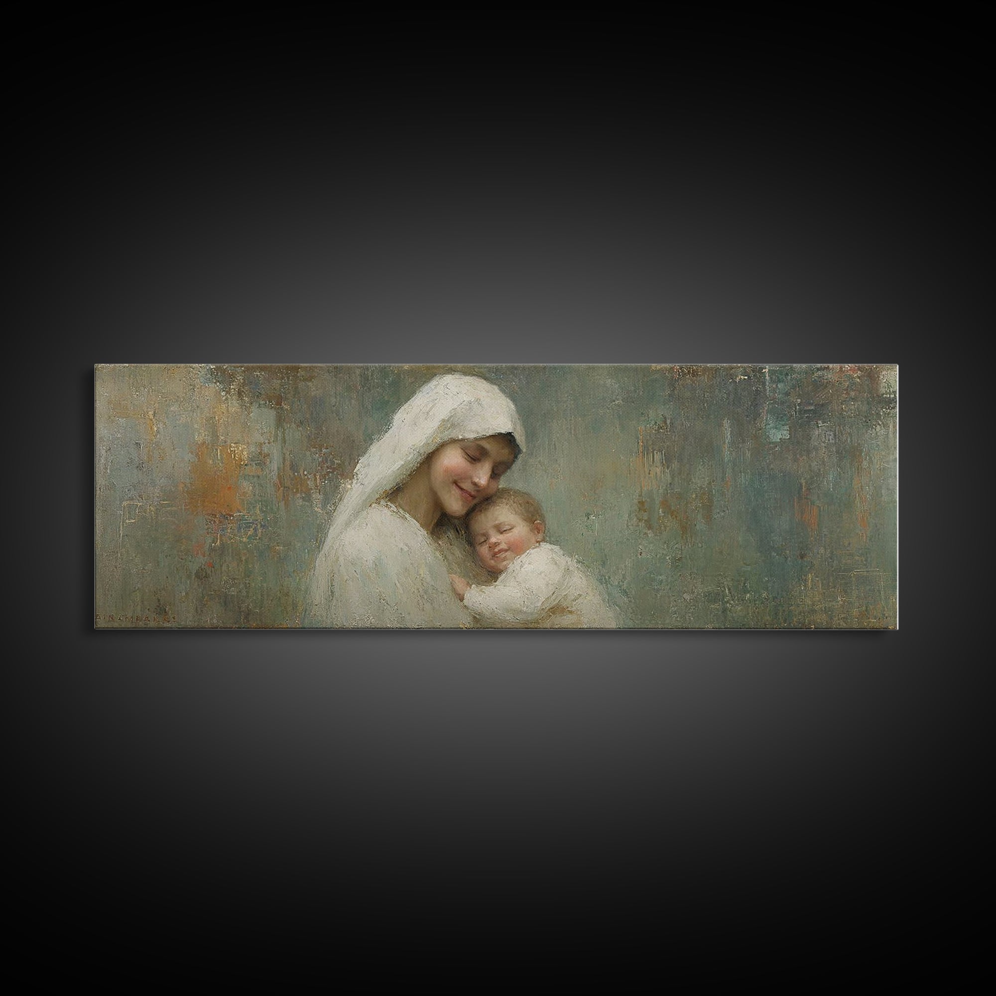 Holy Tender Joy, Framed Canvas Print, Panoramic Wall Art, Christian Art Canvas, Mary And Jesus Painting, Christmas Art, Christian Wall Art