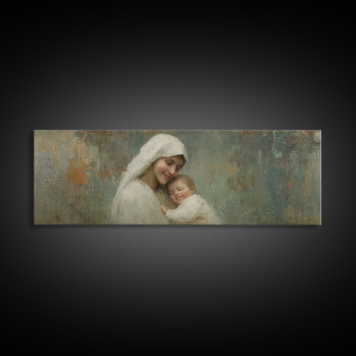 Holy Tender Joy, Framed Canvas Print, Panoramic Wall Art, Christian Art Canvas, Mary And Jesus Painting, Christmas Art, Christian Wall Art