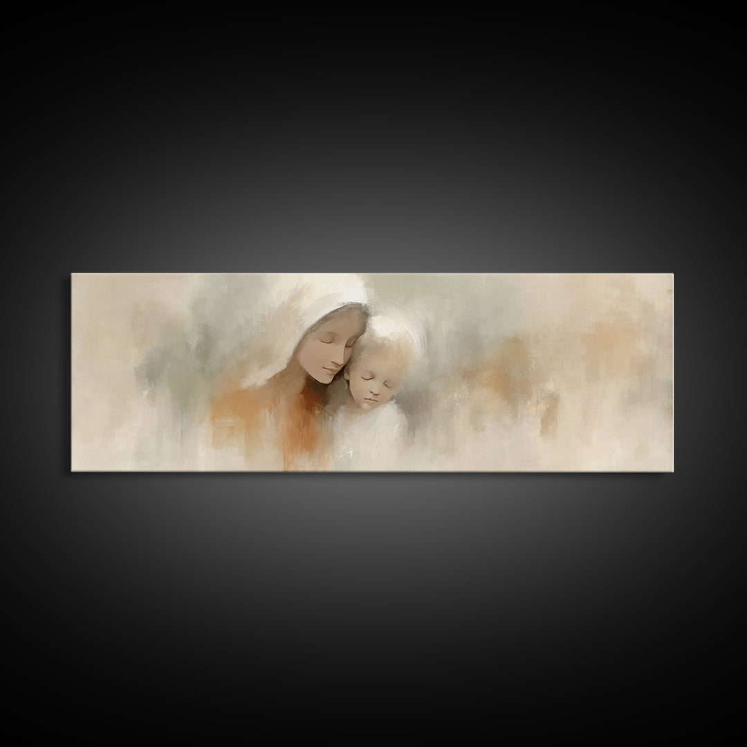 Hushed Bethlehem Love - Framed Canvas Print - Panoramic Print - Christian Wall Art - Mary And Jesus Painting - Christian Art Canvas - Chris
