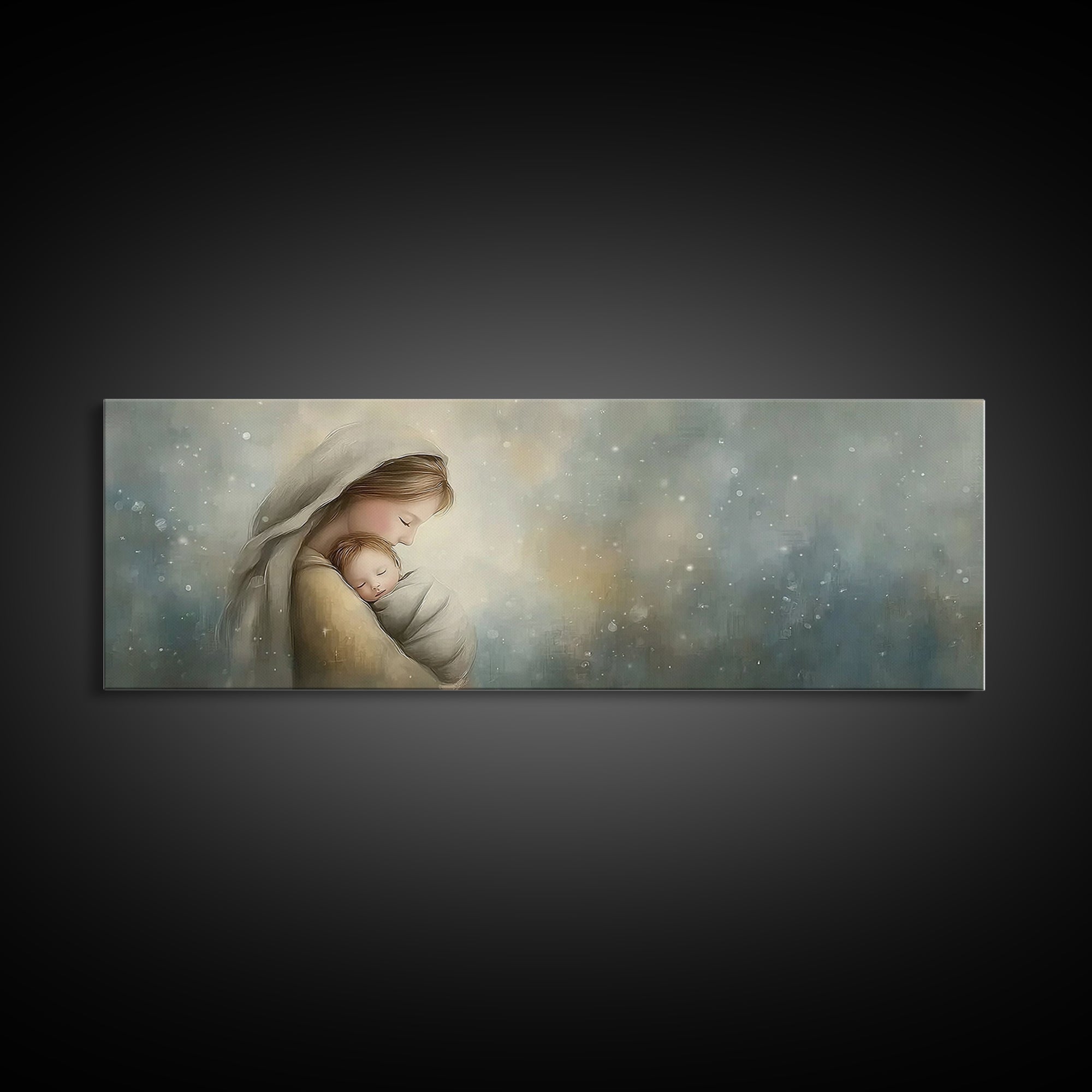 Blessed Winter Warmth, Framed Canvas Print, Panoramic Painting, Christian Art Canvas, Mary And Jesus Painting, Christian Wall Art, Christma