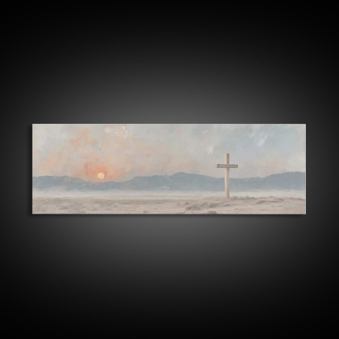 Quiet Cross Morning, Framed Canvas Print, Panoramic Painting, Christian Wall Art, Christian Art Canvas, Modern Christian Art, Christian Dec