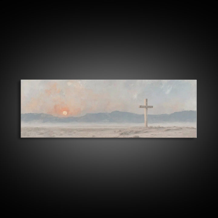 Quiet Cross Morning, Framed Canvas Print, Panoramic Painting, Christian Wall Art, Christian Art Canvas, Modern Christian Art, Christian Dec