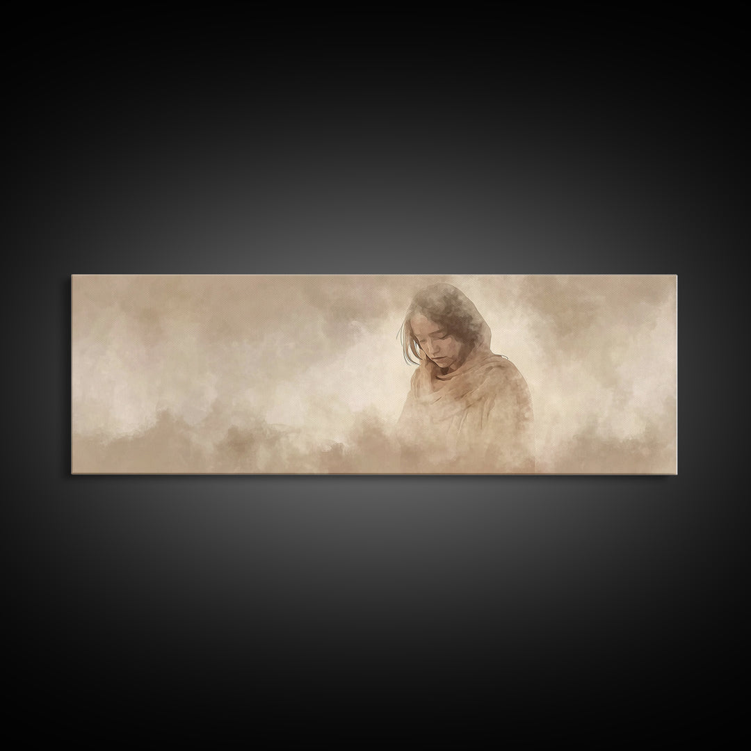 Solitude of Mercy, Framed Canvas Print, Panoramic Art, Christian Art Canvas, Moody Christian Art, Christian Decor, Jesus Painting