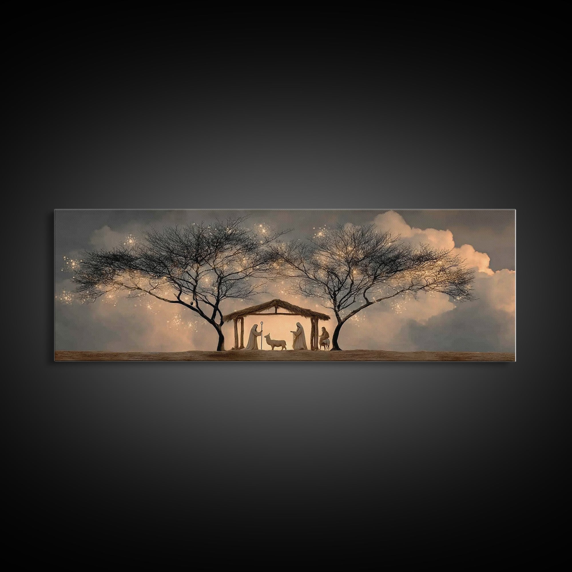 Evening Nativity Glow – Framed Canvas Print – Extra Wide Art – Christian Art – Christian Art Canvas – Christmas Wall Art – Jesus Christmas