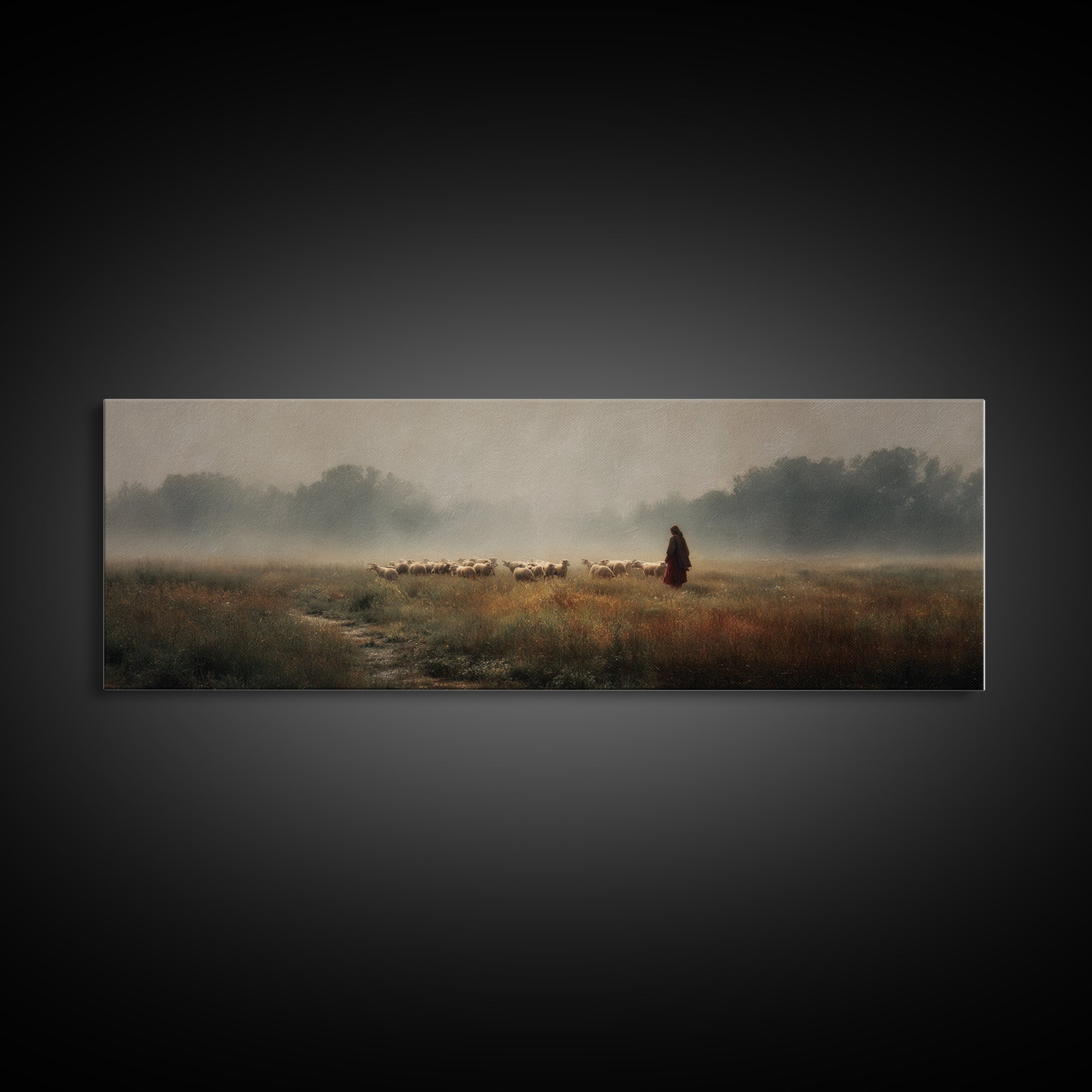 Misty Shepherd Field | Framed Canvas Print | Panoramic Painting | Christian Art Print | Christian Wall Art | Jesus Painting | Subtle Christ