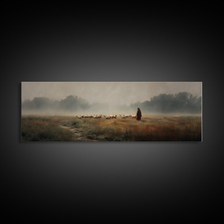 Misty Shepherd Field | Framed Canvas Print | Panoramic Painting | Christian Art Print | Christian Wall Art | Jesus Painting | Subtle Christ