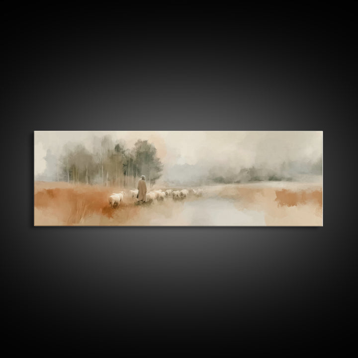 Gentle Pasture Walk, Framed Canvas Print, Panoramic Wall Art, Christian Art Canvas, Christian Art, Modern Christian Art, Jesus Painting, Ch