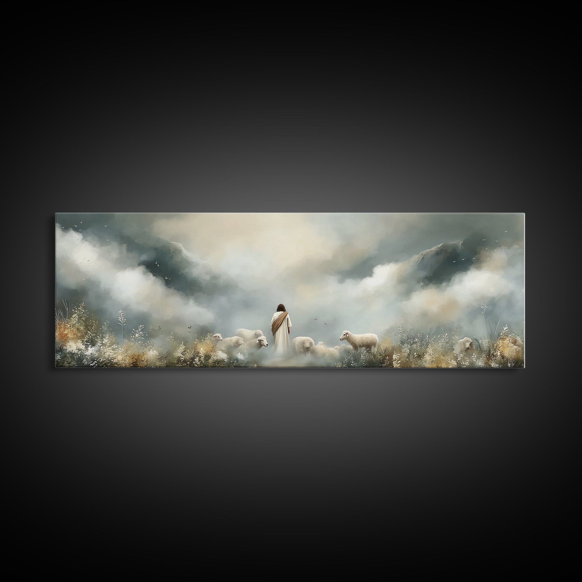 Hillside Shepherd Peace – Framed Canvas Print – Panoramic Frame – Christian Art – Christian Art Prints – Jesus Painting – Christian Wall Ar
