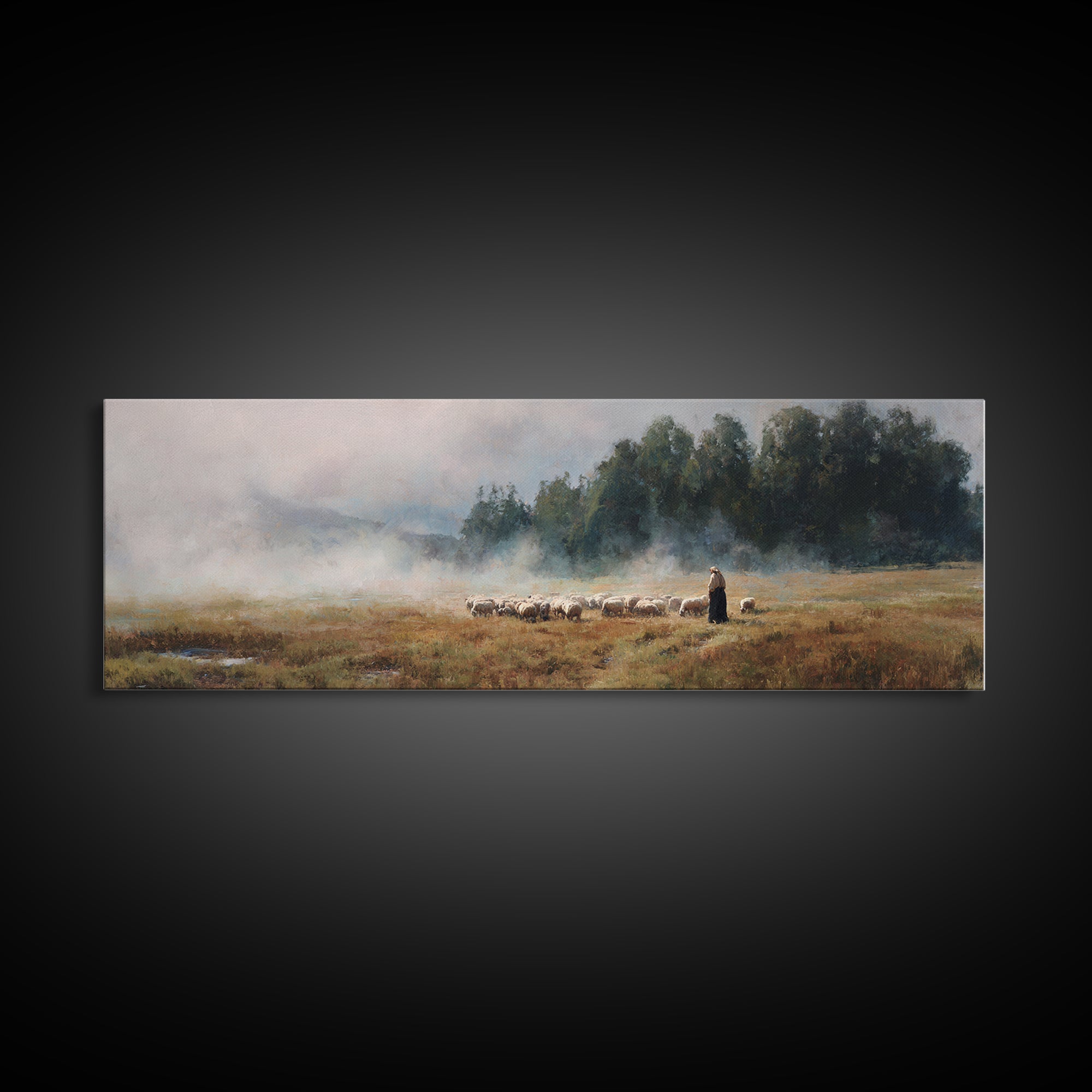 Morning Pasture Stillness | Framed Canvas Print | Panoramic Print | Christian Wall Art | Christian Art Canvas | Jesus Painting | Christian