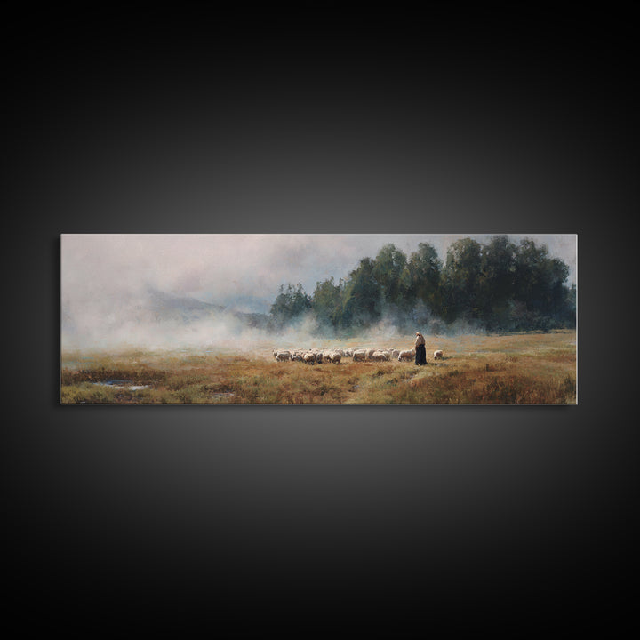 Morning Pasture Stillness | Framed Canvas Print | Panoramic Print | Christian Wall Art | Christian Art Canvas | Jesus Painting | Christian