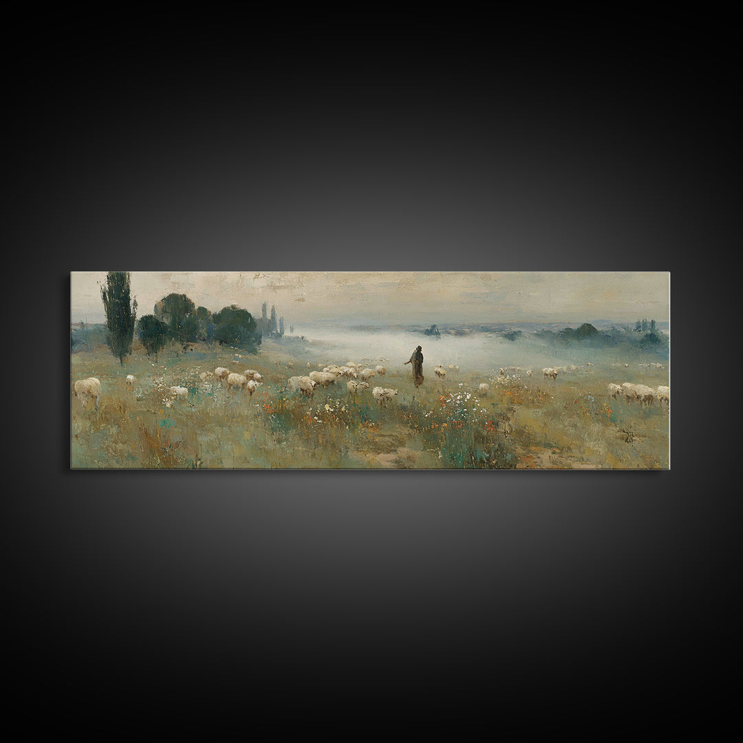 Wildflower Shepherd Path, Framed Canvas Print, Panoramic Art, Christian Wall Art, Jesus Painting, Christian Art Canvas, Vintage Christian A