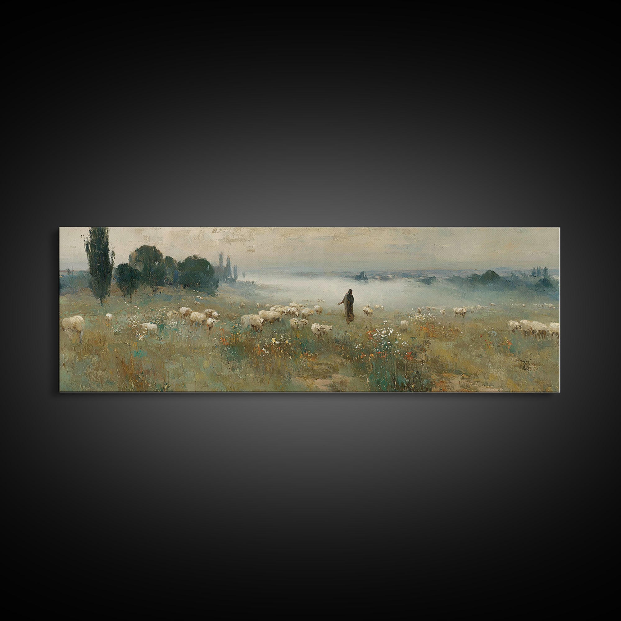 Wildflower Shepherd Path, Framed Canvas Print, Panoramic Art, Christian Wall Art, Jesus Painting, Christian Art Canvas, Vintage Christian A