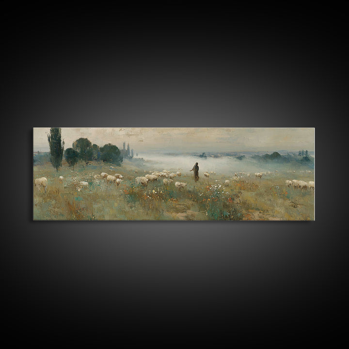 Wildflower Shepherd Path, Framed Canvas Print, Panoramic Art, Christian Wall Art, Jesus Painting, Christian Art Canvas, Vintage Christian A
