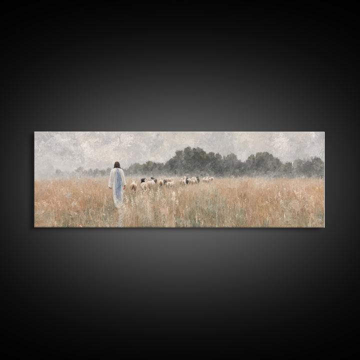 Golden Field Shepherd | Framed Canvas Print | Panoramic Wall Art | Christian Art | Jesus Painting | Christian Art Canvas | Modern Christian