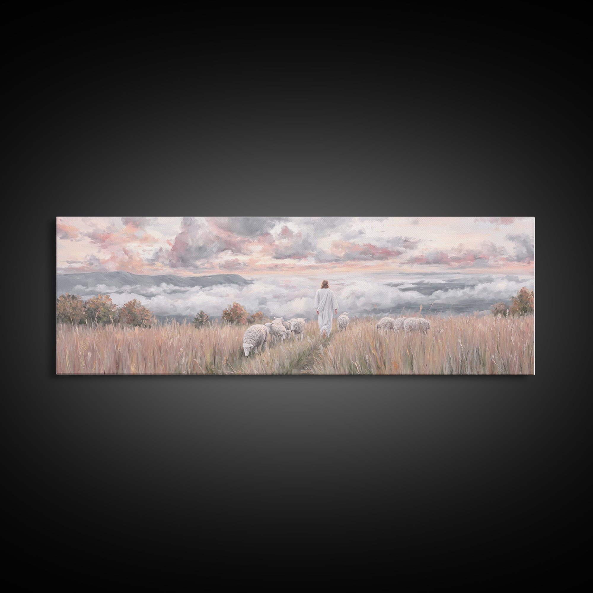 Heavenward Pasture Light, Framed Canvas Print, Panoramic Painting, Christian Art, Jesus Painting, Christian Art Canvas, Christian Wall Art,