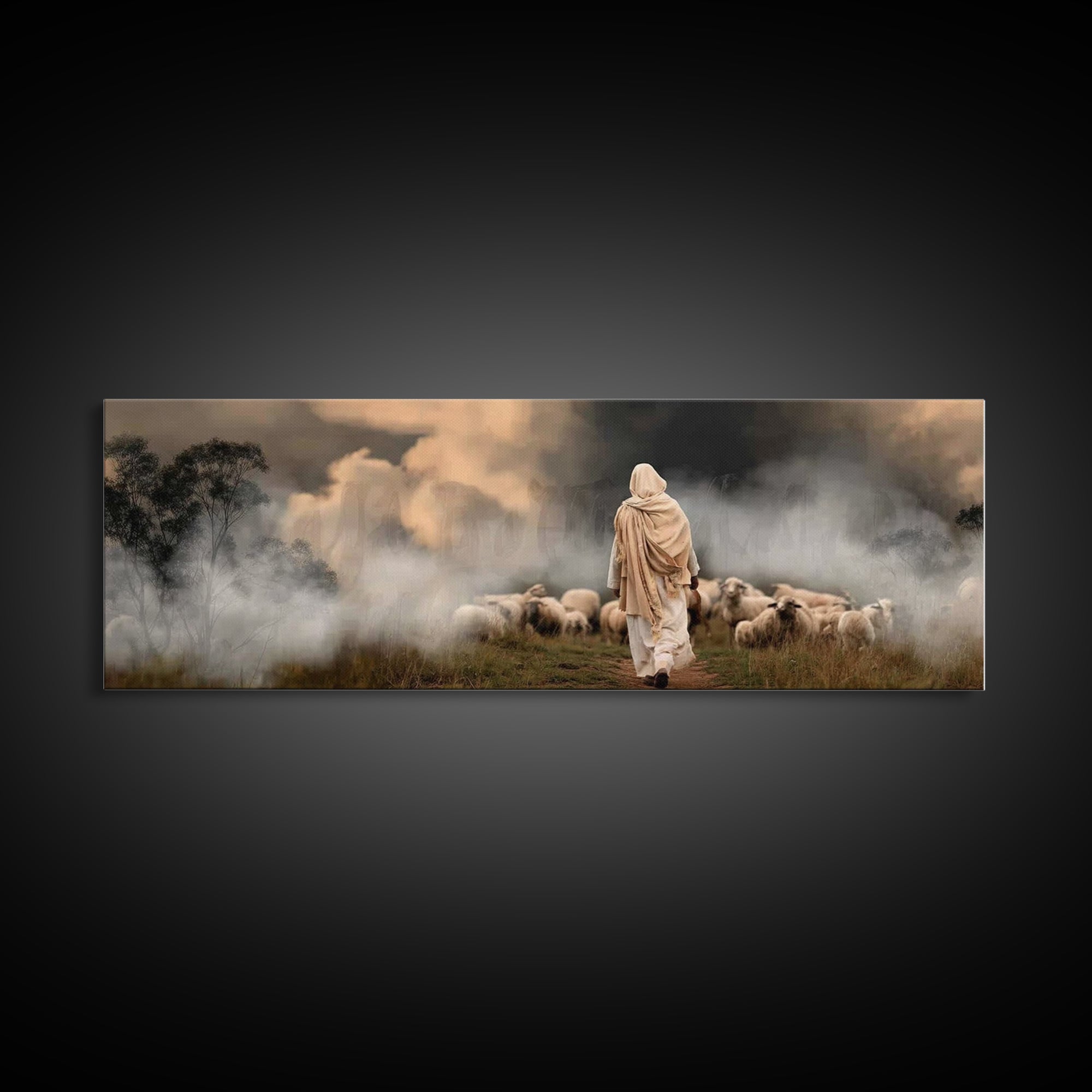 Twilight Shepherd Journey – Framed Canvas Print – Panoramic Art – Christian Art Canvas – Jesus Painting – Christian Wall Art – Moody Christ