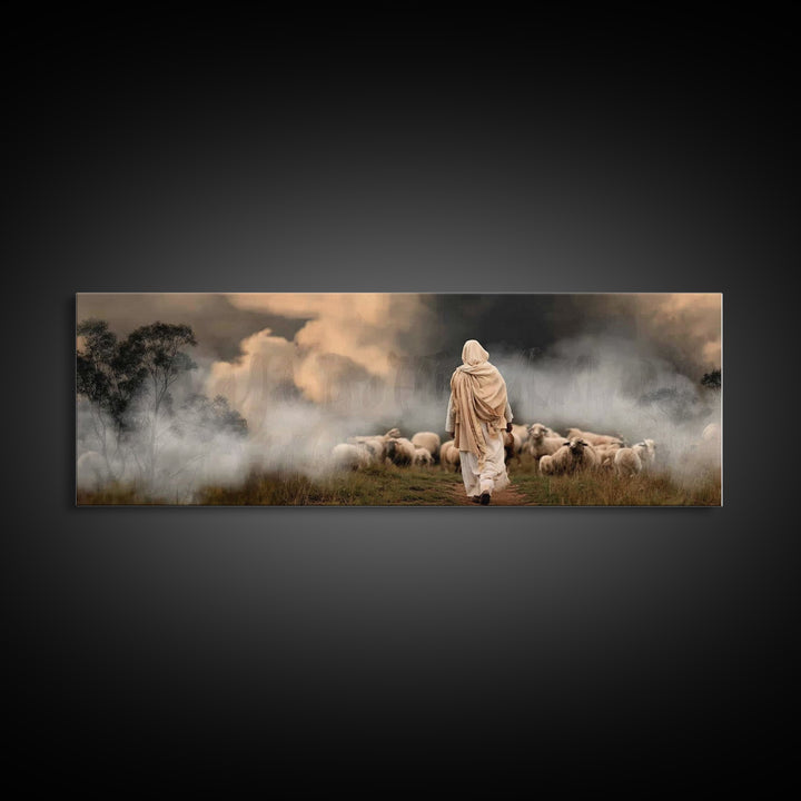 Twilight Shepherd Journey – Framed Canvas Print – Panoramic Art – Christian Art Canvas – Jesus Painting – Christian Wall Art – Moody Christ