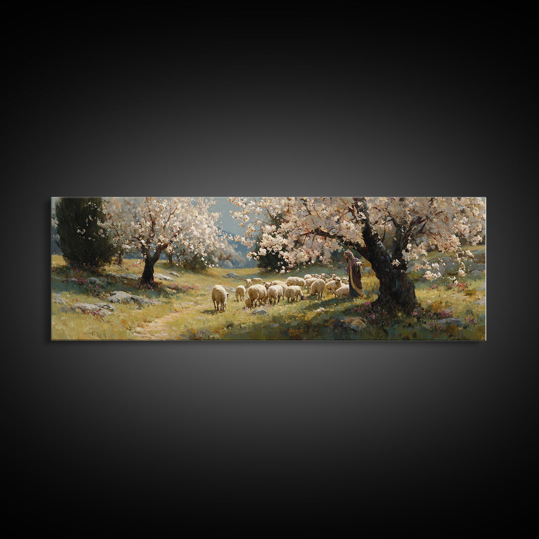Shepherds At Dawn | Framed Canvas Print | Christian Art Canvas | Jesus Wall Art | Panoramic Painting | Christian Christmas Art | Christian