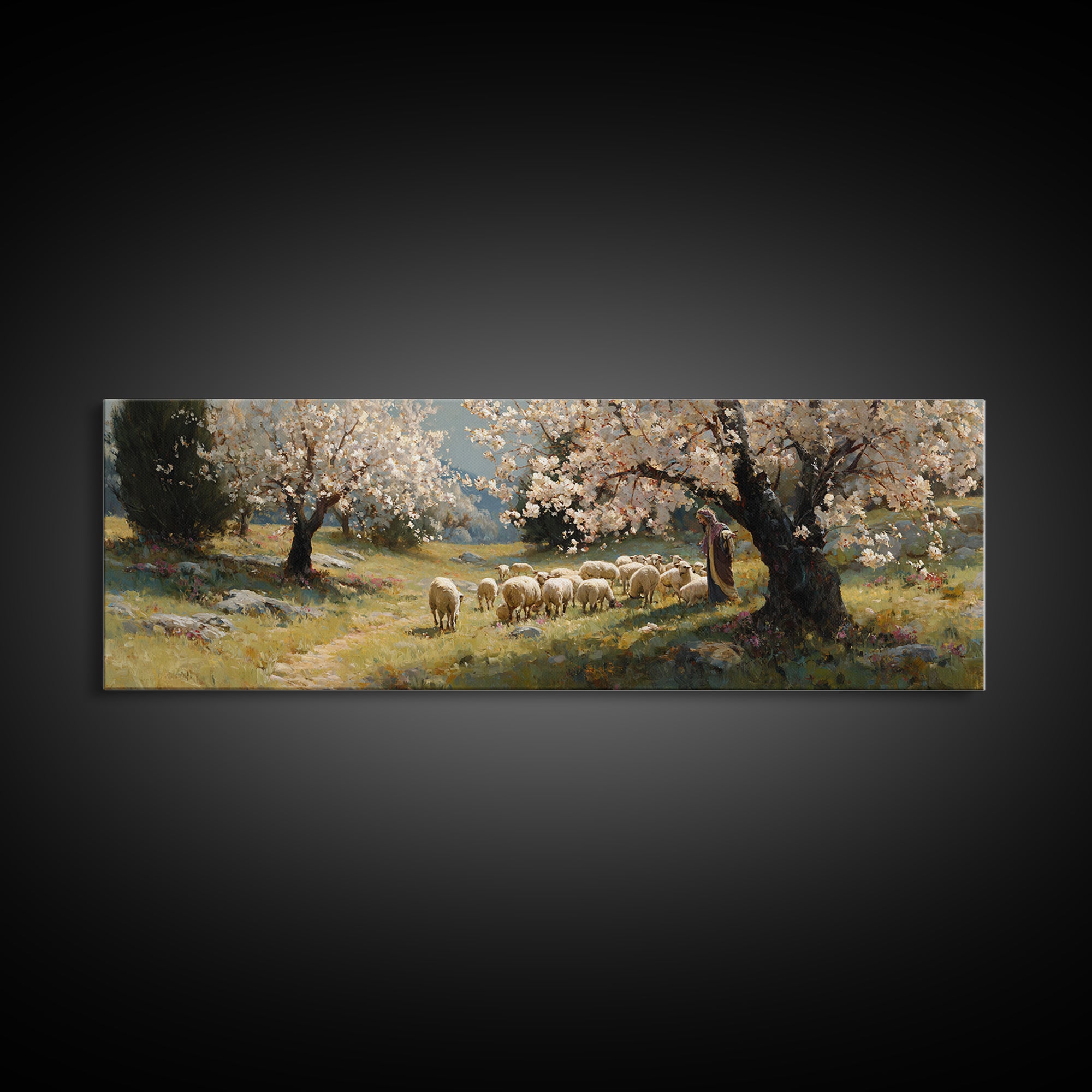Shepherds At Dawn | Framed Canvas Print | Christian Art Canvas | Jesus Wall Art | Panoramic Painting | Christian Christmas Art | Christian