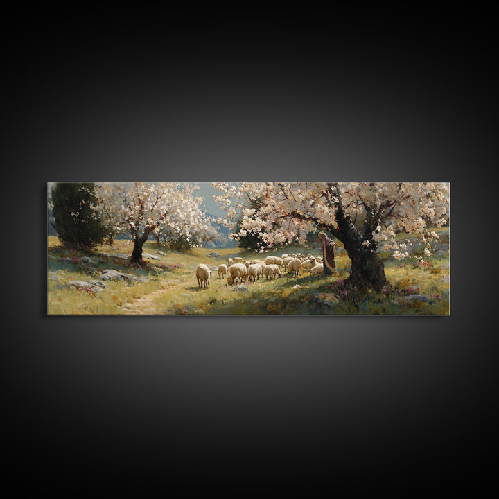 Shepherds At Dawn | Framed Canvas Print | Christian Art Canvas | Jesus Wall Art | Panoramic Painting | Christian Christmas Art | Christian