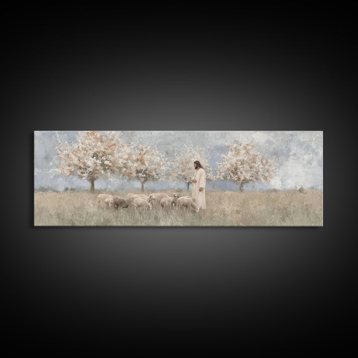 The Gentle Shepherd, Framed Canvas Print, Christian Art, Jesus Painting, Panoramic Wall Art, Christian Art Canvas, Christmas Art