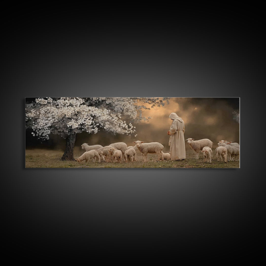 Springtime Shepherd, Framed Canvas Print, Christian Wall Art, Jesus Painting, Panoramic Painting, Christian Art Canvas, Christian Christmas