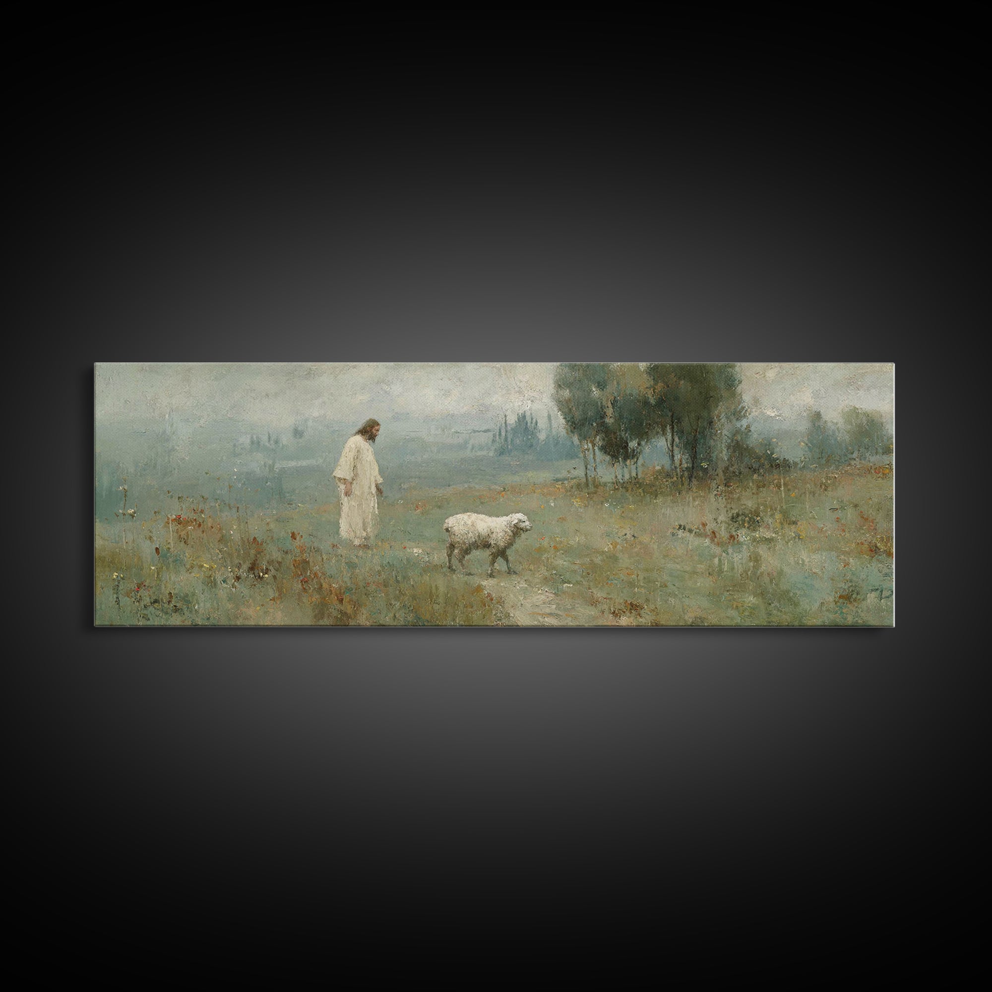 Verdant Grace Field, Framed Canvas Print, Panoramic Art, Christian Wall Art, Christian Art Canvas, Jesus Painting, Christmas Art