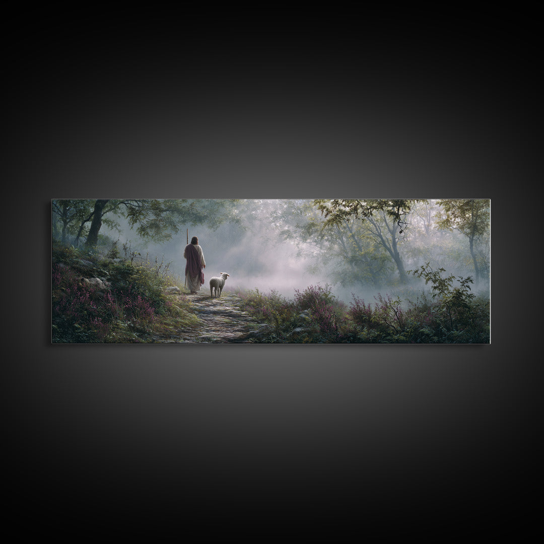 Forest Dawn Path, Framed Canvas Print, Panoramic Painting, Christian Wall Art, Jesus Painting, Christian Art Canvas, Christian Christmas Ar