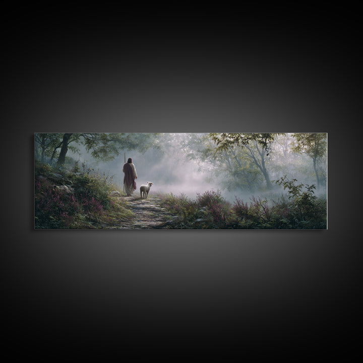 Forest Dawn Path, Framed Canvas Print, Panoramic Painting, Christian Wall Art, Jesus Painting, Christian Art Canvas, Christian Christmas Ar