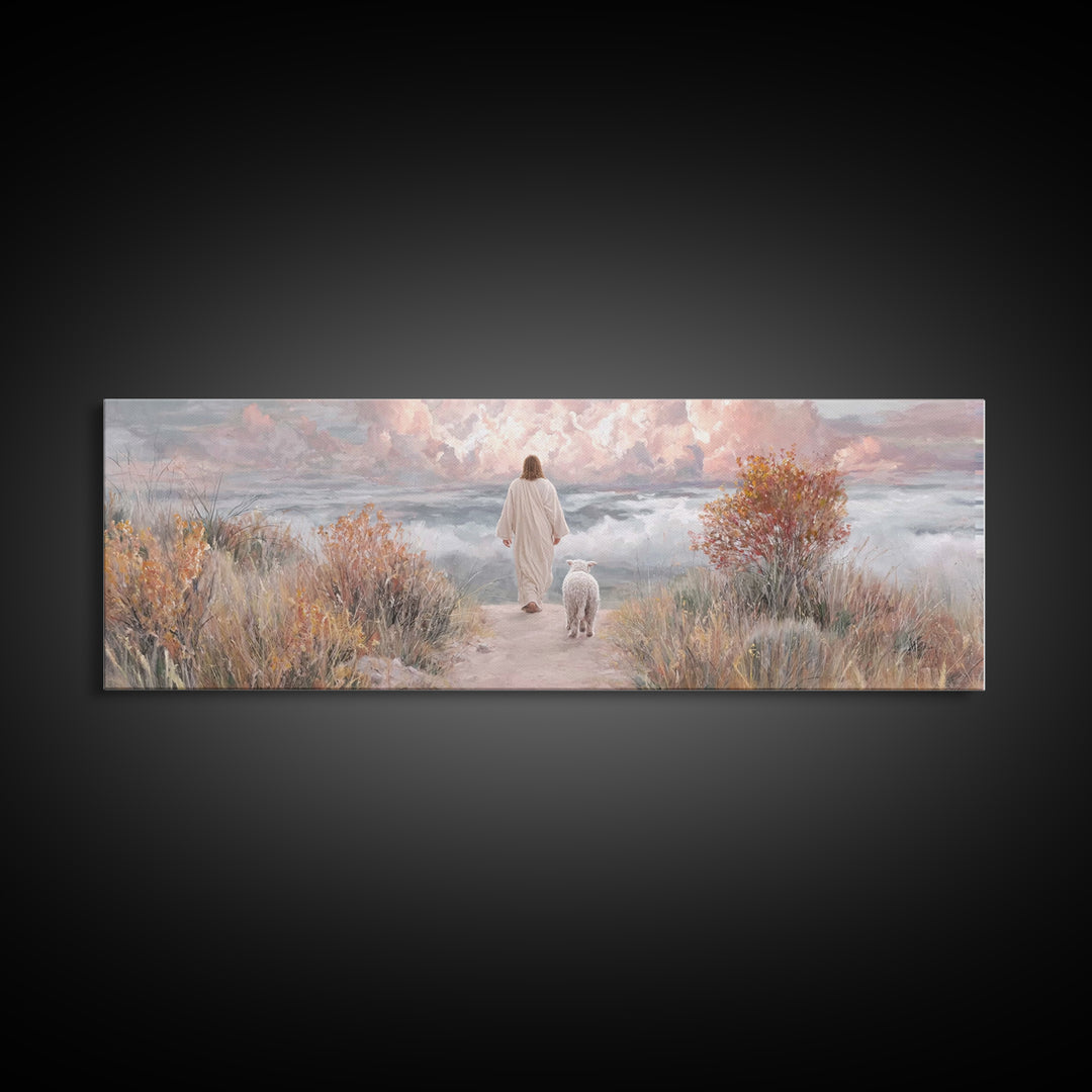 Golden Horizon Walk | Framed Canvas Print | Panoramic Frame | Christian Wall Art | Jesus Painting | Christian Art Canvas | Christmas Art