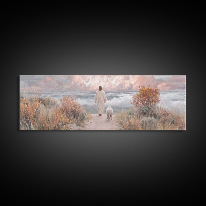 Golden Horizon Walk | Framed Canvas Print | Panoramic Frame | Christian Wall Art | Jesus Painting | Christian Art Canvas | Christmas Art