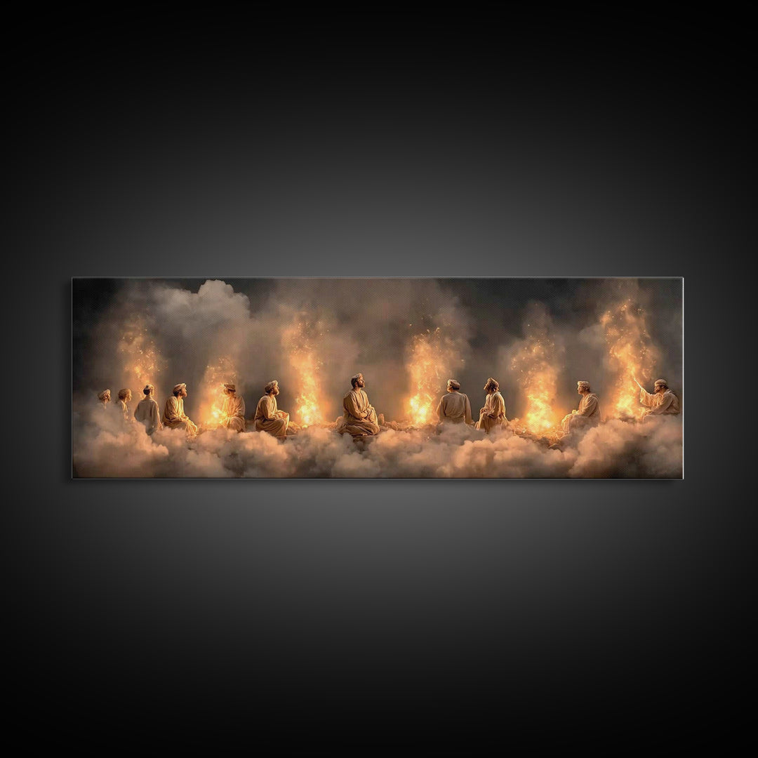 Sacred Fire Assembly, Framed Canvas Print, Christian Wall Art, Jesus Painting, Christian Art Canvas, Panoramic Art, Christian Christmas Art