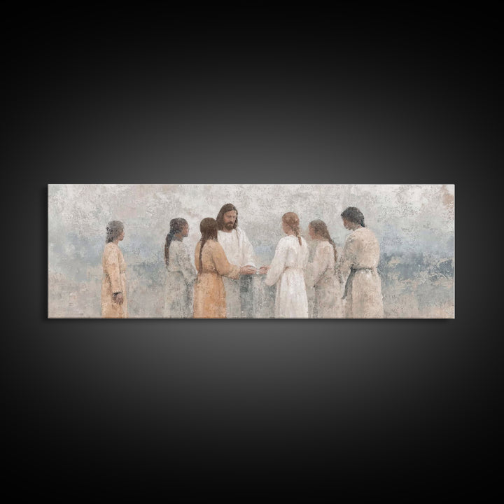 Temple Hearth Gathering, Framed Canvas Print, Christian Art, Christian Art Canvas, Jesus Painting, Panoramic Art, Christian Christmas Art