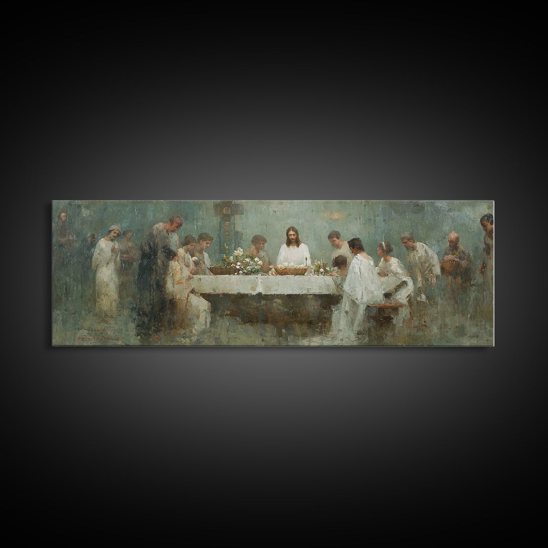 Sacred Table Gathering | Framed Canvas Print | Christian Wall Art | Panoramic Art | Christian Art Canvas | Jesus Painting | Christian Chris