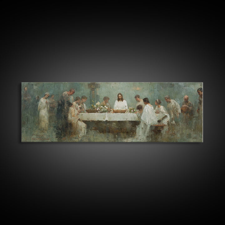 Sacred Table Gathering | Framed Canvas Print | Christian Wall Art | Panoramic Art | Christian Art Canvas | Jesus Painting | Christian Chris