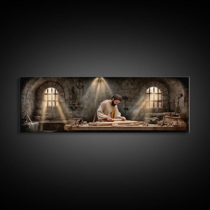 Carpenter Of Grace, Framed Canvas Print, Christian Art Canvas, Panoramic Painting, Christian Wall Art, Jesus Painting, Christian Christmas