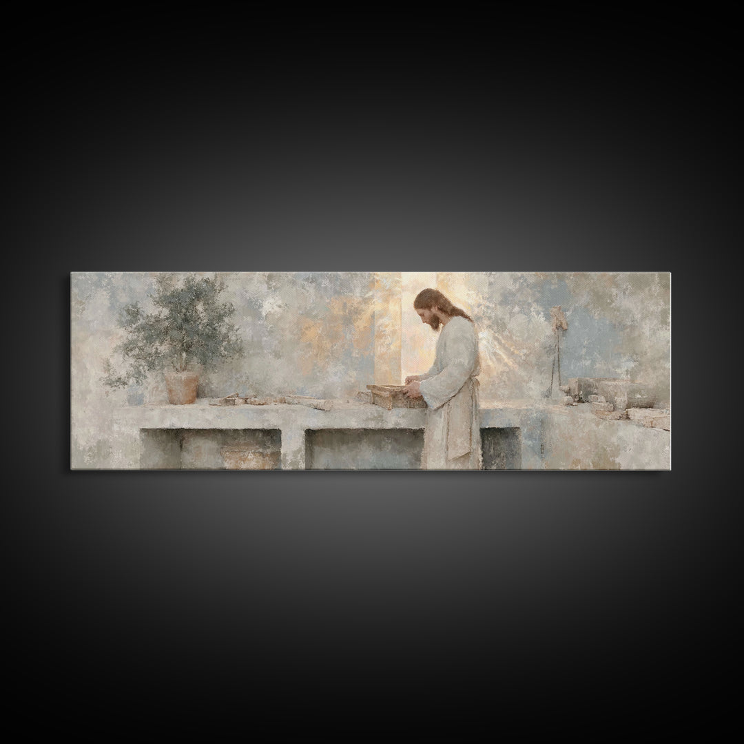 Light Of The Craftsman – Framed Canvas Print – Christian Art Canvas – Panoramic Art – Christian Wall Art – Jesus Painting – Christian Decor