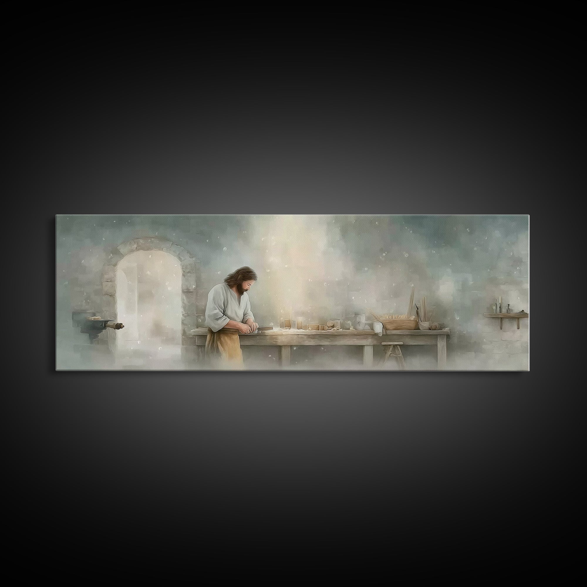 Holy Workbench Glow | Framed Canvas Print | Christian Wall Art | Panoramic Painting | Christian Art Canvas | Jesus Painting | Christian Art