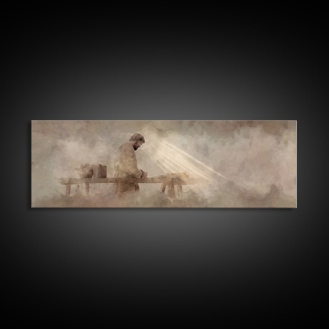 Radiant Carpenter Dawn, Framed Canvas Print, Christian Wall Art, Jesus Painting, Panoramic Wall Art, Christian Art Canvas, Christian Art