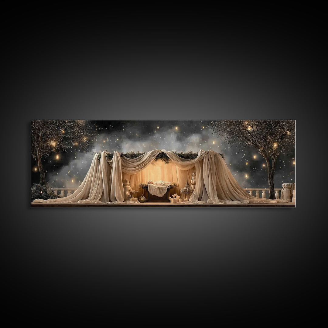 Silent Nativity, Framed Canvas Print, Christian Art Canvas, Christian Wall Art, Panoramic Art, Christmas Art, Christian Christmas Decor