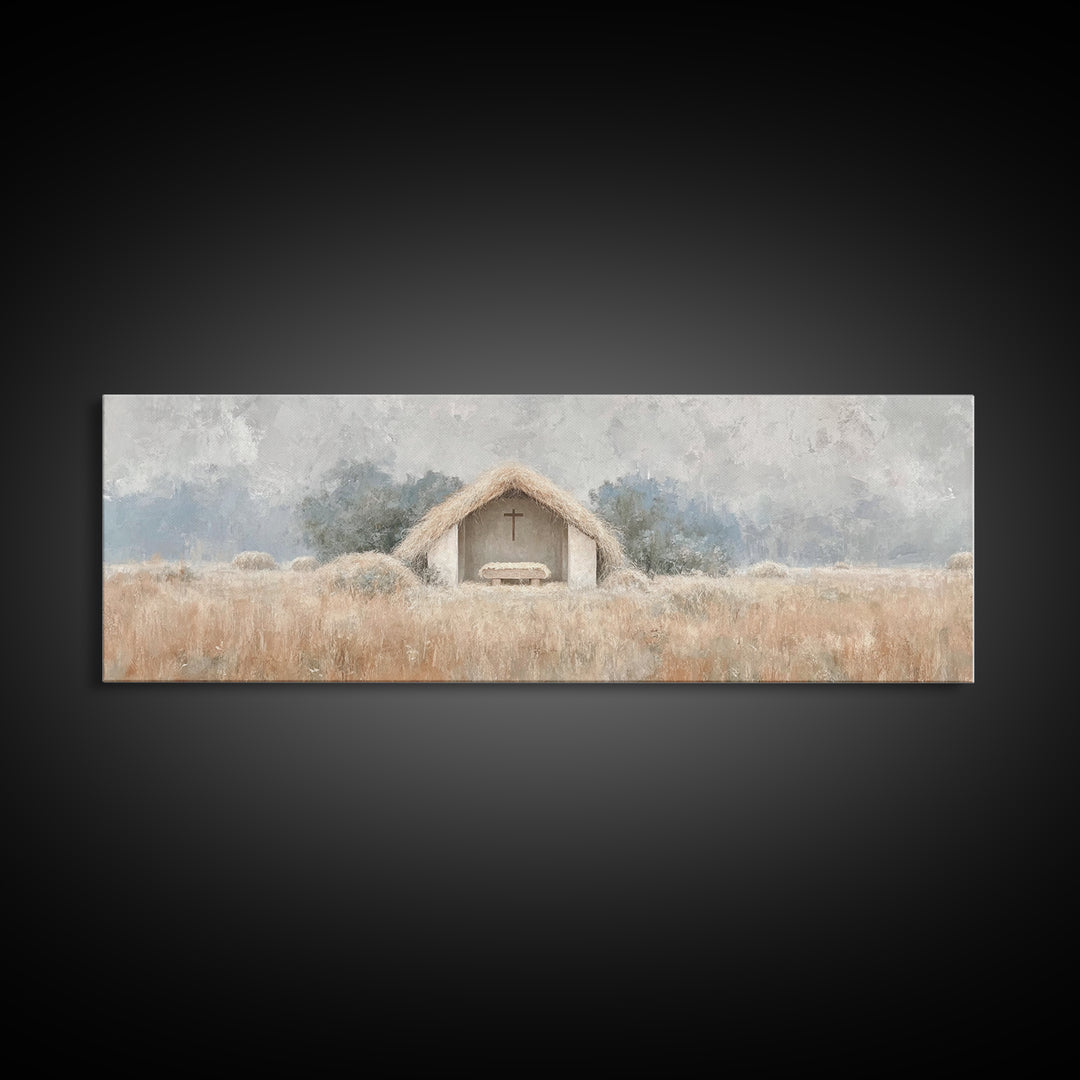Fieldside Manger | Framed Canvas Print | Christian Wall Art | Christian Art Canvas | Panoramic Art | Christmas Art | Christian Christmas De