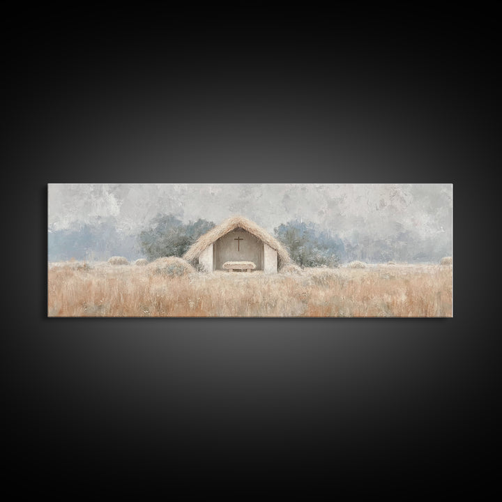 Fieldside Manger | Framed Canvas Print | Christian Wall Art | Christian Art Canvas | Panoramic Art | Christmas Art | Christian Christmas De