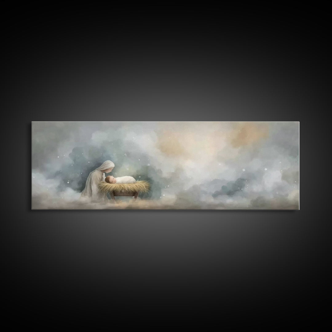 Mary’s Vigil, Framed Canvas Print, Christian Art Canvas, Christian Wall Art, Panoramic Painting, Jesus Christmas Art, Christian Gift