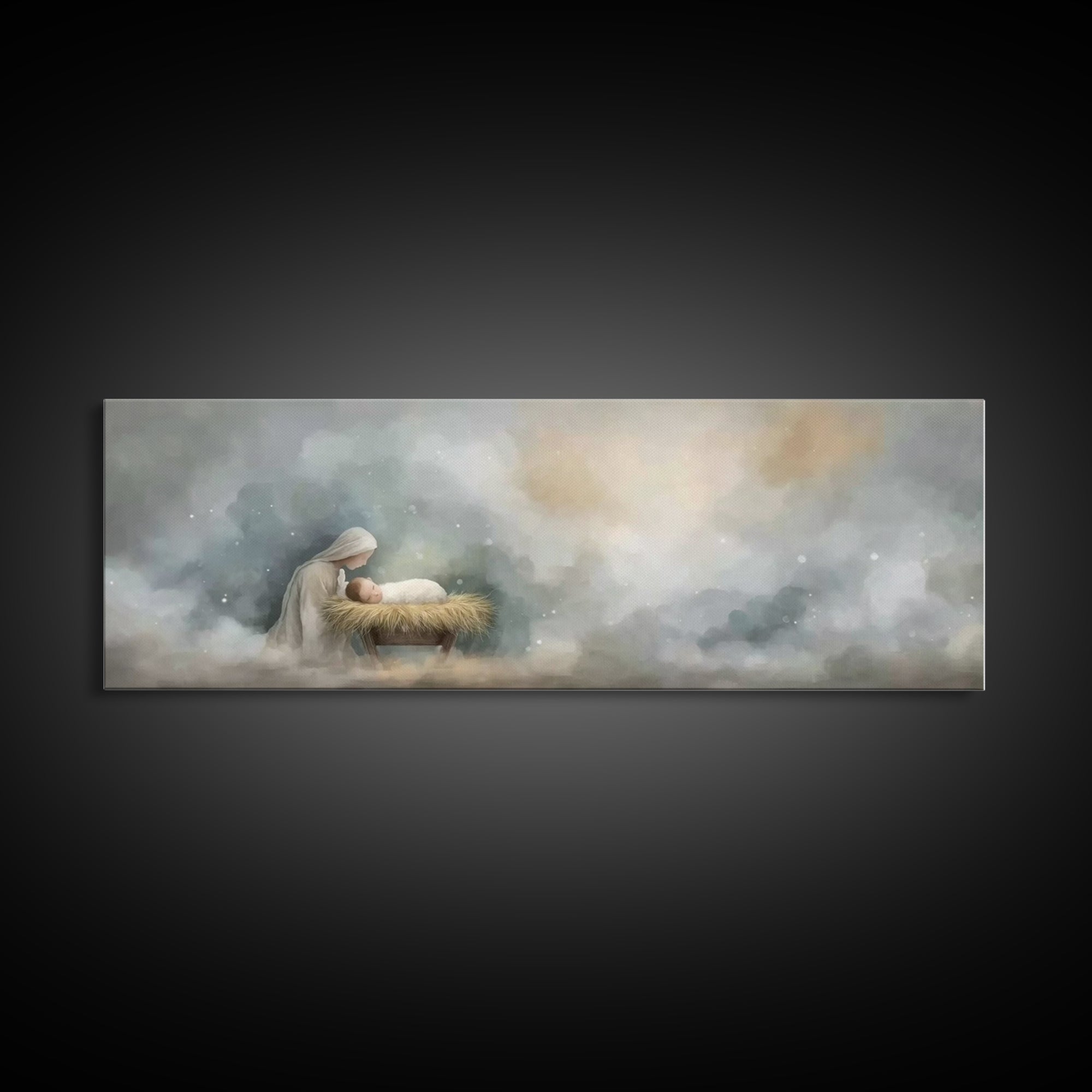 Mary’s Vigil, Framed Canvas Print, Christian Art Canvas, Christian Wall Art, Panoramic Painting, Jesus Christmas Art, Christian Gift