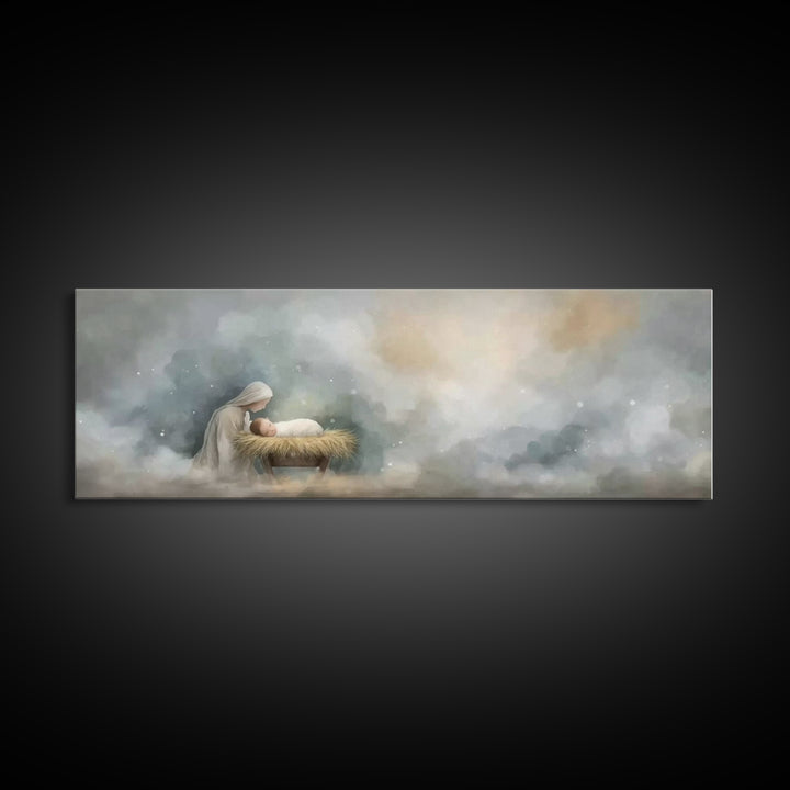 Mary’s Vigil, Framed Canvas Print, Christian Art Canvas, Christian Wall Art, Panoramic Painting, Jesus Christmas Art, Christian Gift
