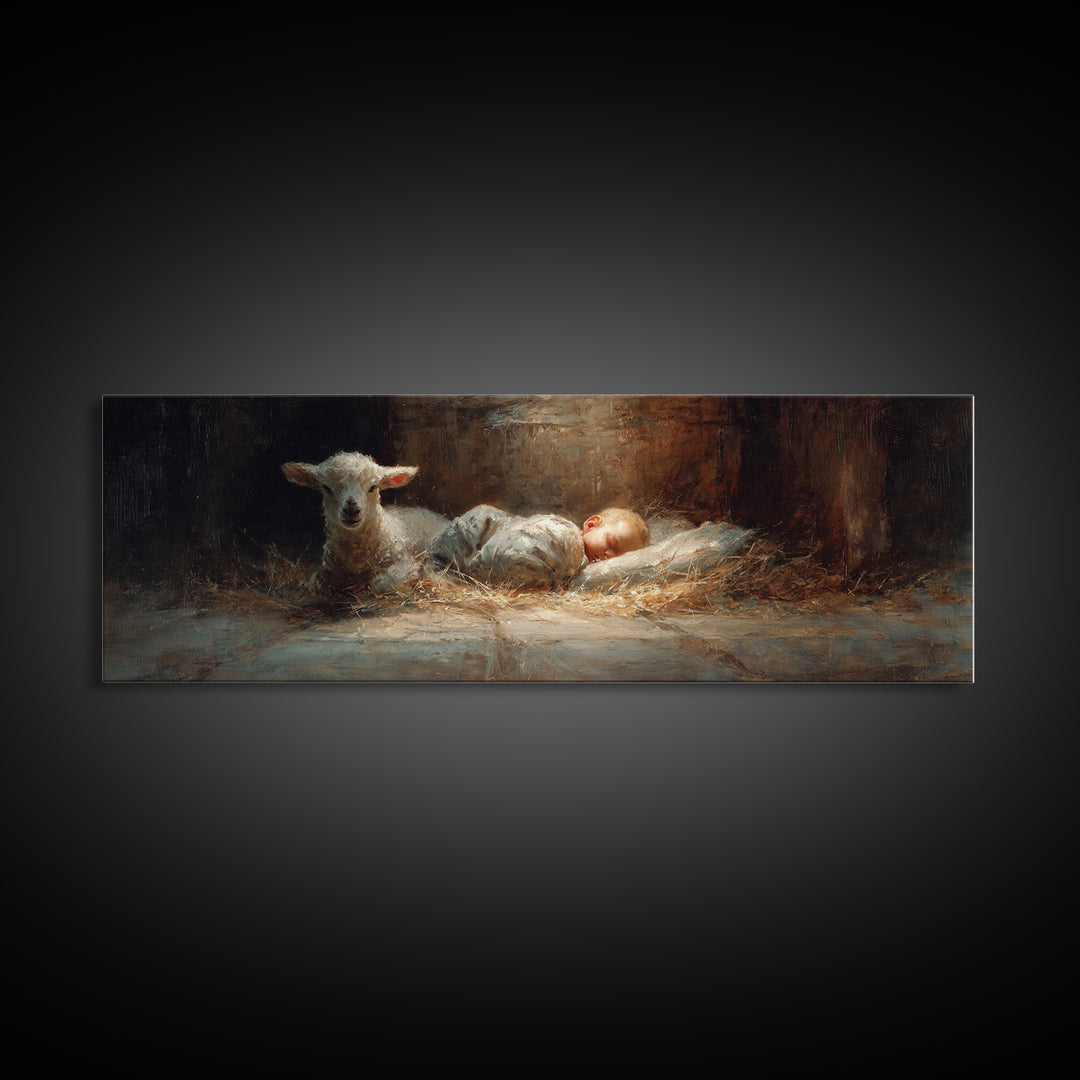Lamb Of Peace – Framed Canvas Print – Christian Art Canvas – Christian Wall Art – Panoramic Wall Art – Jesus Painting – Christian Christmas