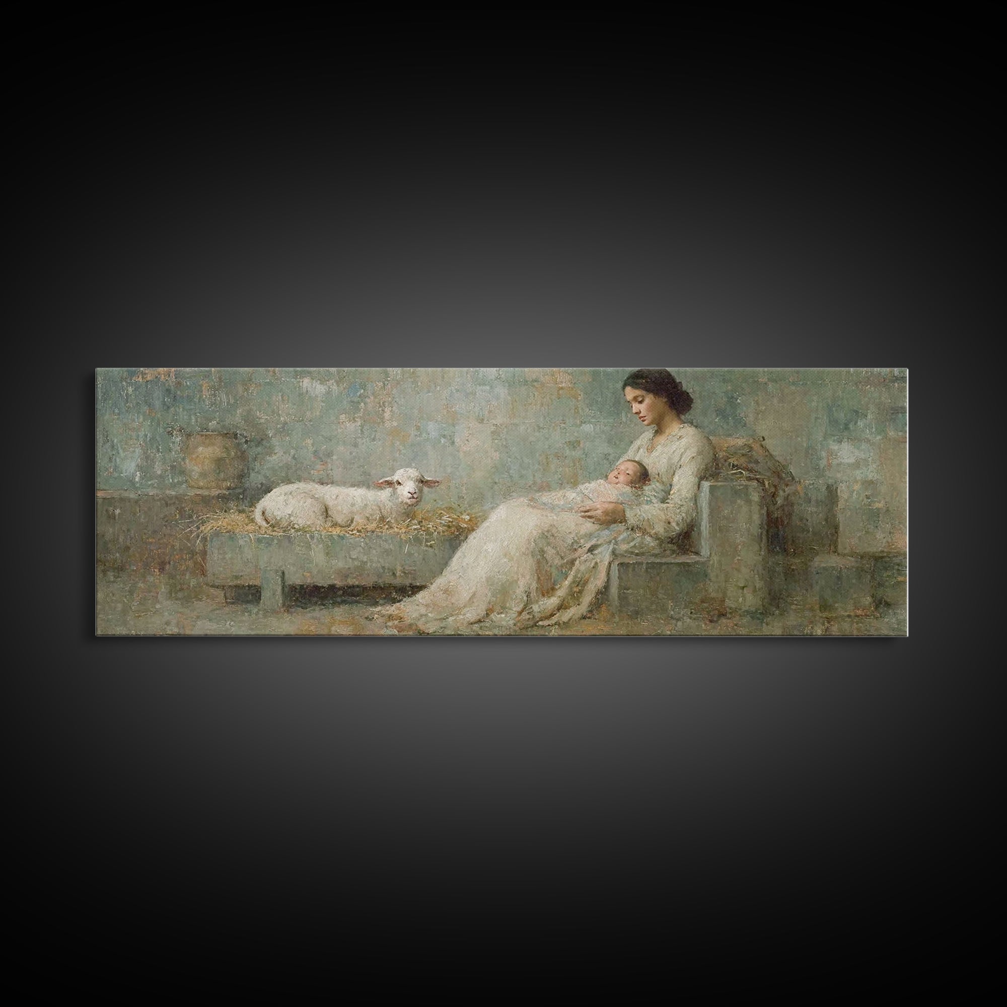Mother And Lamb, Framed Canvas Print, Christian Art Canvas, Christian Wall Art, Panoramic Art, Jesus Painting, Christian Christmas Decor