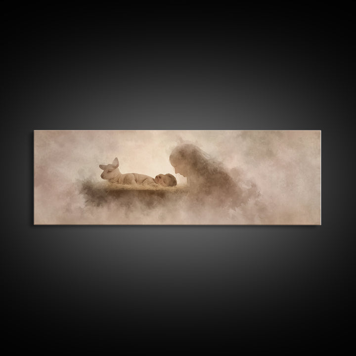 Silent Manger Light | Framed Canvas Print | Christmas Wall Art | Christian Art Canvas | Christian Christmas Art | Panoramic Print | Jesus P